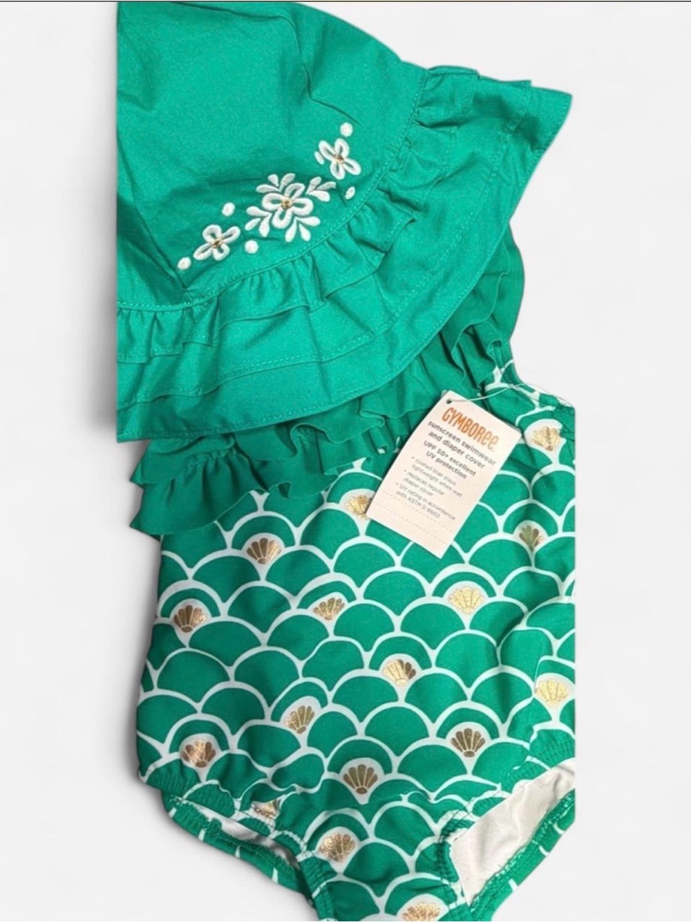 Gymboree Teal Green Ruffle Swimsuit Gold Shells Matching Hat/Shorts 6-12m